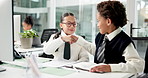 Children, handshake and agreement with pretend in office with success, review and team at finance agency. Kids, boy and girl with shaking hands, deal and happy for b2b collaboration at corporate job