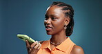 Talking, black woman and phone call on speaker in studio, online communication and record voice note. Digital discussion, microphone and person with mobile app for conversation, space and speaking.