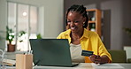 Happy, black woman and laptop with credit card in home for online shopping, payment or banking. Female person, shopper or user with computer for ecommerce, virtual purchase or wireless transaction