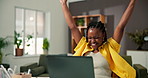 Laptop, remote work and black woman celebrate success, financial promotion and bokeh. Computer, winner and freelancer in home office for good news, goal or excited accountant with funding increase