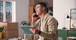 Tablet, phone call and man with smile for logistics, supply chain and small business office. Ecommerce, boxes and male person with tech, retail and shipping orders for invoice or online delivery