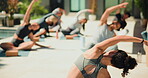 Yoga, club or people in outdoor with stretching, mindfulness or relax in body wellness. Seated side, motivation or instructor in backyard with mobility, muscle or spinal improvement in group practice