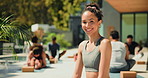 Face, yoga class and happy woman outdoor for fitness, health and wellness with instructor. Smile, yogi teacher and portrait of person for holistic exercise, peace and calm at pilates practice