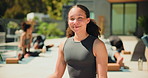 Face, yoga class and happy woman outdoor for breathing, health or fitness with instructor. Teacher, yogi and portrait of person with smile for holistic exercise, peace or wellness at pilates practice