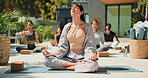 Meditation, calm and lotus pose with woman in class for spiritual retreat, chakra and balance. Zen exercise, holistic healing and yoga with people for mindfulness, peace and self care mindset