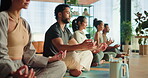 Yoga, meditation and group with mindfulness in studio, relaxation and holistic healing in zen practice. Wellness, mind  body connection and calm people at retreat with mudra, thinking and awareness