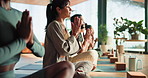 Yoga class, meditation and woman with prayer hands in studio, relaxation and mindfulness in zen practice. Wellness, mind  body connection and calm people at retreat with mudra, thinking and awareness