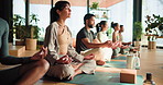 Yoga class, meditation or woman with breathwork in studio, relaxation or mindfulness in zen practice. Wellness, mind body connection and people at retreat, mudra and prayer hands for holistic healing