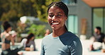 Face, yoga class and happy woman outdoor with teacher for mudra, health or fitness. Instructor, yogi and portrait of person with smile for holistic exercise, peace and pilates practice for wellness