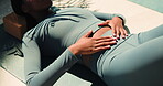 Hands, woman and stomach outdoor for yoga with gut health, weight loss and break for recovery. Female person, relaxing and abdomen for healthy body, pilates progress and fitness results for wellness