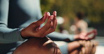 Meditation, hands and wellness retreat for mindfulness, calm energy and spiritual awareness. Zen, reflection and female person outdoor with mudra for peaceful mindset, healing and holistic wellbeing.