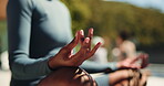 Meditation, hands and wellness in nature for mindfulness, calm energy and spiritual awareness. Zen, reflection or female person outdoor with mudra for peaceful mindset, healing or holistic wellbeing.