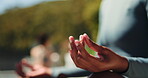 Meditation, hands and wellness in nature for calm energy, mindfulness or spiritual awareness. Zen, prayer pose or female person outdoor with mudra for peaceful mindset, healing or holistic wellbeing.