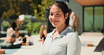 Happy woman, meditation and yoga outdoor with smile, face and wellness for relaxation. Person, balance and peace in class session with portrait, people and mindfulness for mental health benefits.