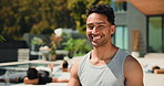 Face, meditation and outdoor with man, yoga and wellness with smile, chakra and confidence. People, backyard and  person with happiness, namaste and pride with health, holiday and relax with fitness