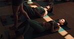 Meditation, balance and floor with people in class for relax, chakra alignment and mental health. Wellness, holistic healing and peace with man and woman in yoga studio for awareness, zen and soul