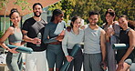 Yoga, face and people in outdoor with smile, mindfulness and support in body wellness, Happiness, motivation and group in nature with instructor, collaboration and mobility in joint practice.