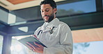Smile, man and doctor with tablet in hospital for medical history, information and review report. Technology, clinic and healthcare worker with insurance email, scroll research and wellness feedback