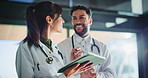 Conversation, healthcare and tablet with doctors in hospital together for diagnosis or results. App, medical and smile with happy medicine professionals in clinic for discussion. telehealth or review