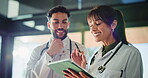 Doctor, man and woman with tablet for meeting, results consultation and advice for patient care. Healthcare, mature or people with tech for collaboration, conversation and research for treatment plan