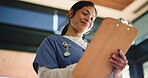 Clipboard, medical and smile of woman nurse in hospital for checklist, insurance or review. Healthcare, paperwork and writing with happy medicine professional in clinic for planning or schedule