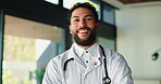 Face, man and doctor with smile in hospital for career pride, about us and medical services. Portrait, male surgeon and confident with ambition, patient care and positive attitude for healthcare