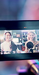 Camera screen, podcast and woman friends in studio together for content creation or live streaming. Display, microphone and recording with influencer people in office for subscription service