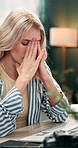Headache, business and woman in office, night and pain with pressure, copywriting and burnout. Evening, person and journalist in workplace, migraine and stress with tension, submission and anxiety