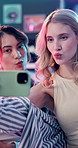 Laughing, selfie and pout with woman friends in studio together for memories or photograph. Funny face, social media and tongue out with happy influencer people embracing for profile picture