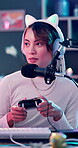 Game controller, influencer headphones or happy woman with microphone, content creator and esports player. Audio tech, gaming channel or streamer with console for recording, highlight video and gen z