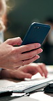Business, hands and woman in office, smartphone and copywriting with email submission. Closeup, person and journalist in workplace, cellphone and message to contact, internet and research for article
