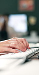 Business, hands and woman with keyboard, typing and email with copywriting, internet or review. Closeup, person or journalist in office, pc or planning with creative agency, submission or publication