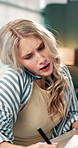 Office, phone call and woman with stress talking for virtual assistance, digital planner and contact. Startup agency, computer and person on smartphone for communication, conversation and consultant