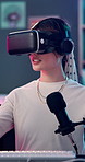 Metaverse, microphone and vr headset with woman in studio for content creation or product review. Interactive, podcast and virtual reality with influencer person live streaming for subscription
