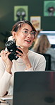 Camera, conversation and laptop with photographer woman in office for development or editing. Computer, equipment and photography with artistic person in creative workplace for content creation 