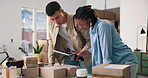 Ecommerce, tablet and team scan boxes for order accuracy, shipping process or track inventory. Small business, online shop or people with CCD reader at logistics startup for parcel barcode or pricing
