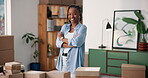 Black woman, face and small business with boxes for logistics, distribution and shipping at workplace. Female entrepreneur, happy and arms crossed for creative startup, supply chain or supplier