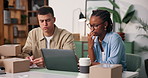 People, reading and laptop with boxes at startup for bad news, order cancellation and delivery error. Disappointed, staff and pc for client refund, lost package and logistics mistake for distribution
