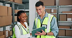 Tablet, warehouse and team discussion for distribution, storage solution and stock update. Technology, shipping worker and happy people planning logistics, inventory management and supply chain info