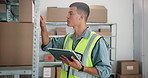 Tablet, box and logistics with man in warehouse for inventory manager, dropshipping and cargo. Ecommerce storage, digital checklist and delivery schedule with person in factory for inspection