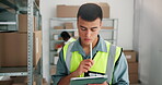Logistics, stock or man in warehouse with tablet, inventory or supply management for shipping. Distribution, export or employee in storage unit with tech, digital checklist or inspection for delivery