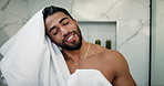 Towel, shower and man in bathroom in home for fresh, grooming or morning routine for hygiene. Happy, dermatology and male person with clean body for wellness, health or skincare in apartment.