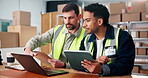 Clipboard, laptop and tablet with supply chain team in warehouse for delivery or distribution. App, computer and logistics with people in shipping depot for collaboration or online order tracking