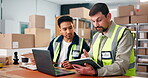 Clipboard, laptop and tablet with logistics team in warehouse for delivery or distribution. App, computer and supply chain with people in shipping depot for collaboration or online order tracking