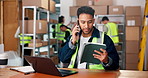 Logistics, phone call and tablet with man in warehouse for delivery, distribution or shipping. App, laptop and online order with supply chain employee in export or import depot for parcel tracking