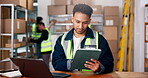 Man, reading and tablet for logistics at warehouse for research, supply chain and schedule delivery. Person, laptop and review for stock, inventory planning and shipping information for distribution