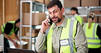 Laptop, logistics and phone call with man in warehouse for delivery, distribution or shipping. App, computer and online order with supply chain employee in export or import depot for parcel tracking