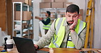 Logistics, man and frustrated with laptop in warehouse for order mistake, delivery error or brain fog. Staff, distribution app or dispatcher with stress at export depot for backlog workload or crisis
