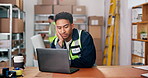 Logistics, man and tired with laptop in warehouse for order management, delivery error or brain fog. Staff, distribution app and dispatcher with fatigue at export depot for backlog workload or crisis