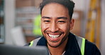 Smile, man and worker in logistics with laptop for good news, feedback and dispatch solution. Happy, employee or person in distribution center with tech for supply chain, shipping or positive review.